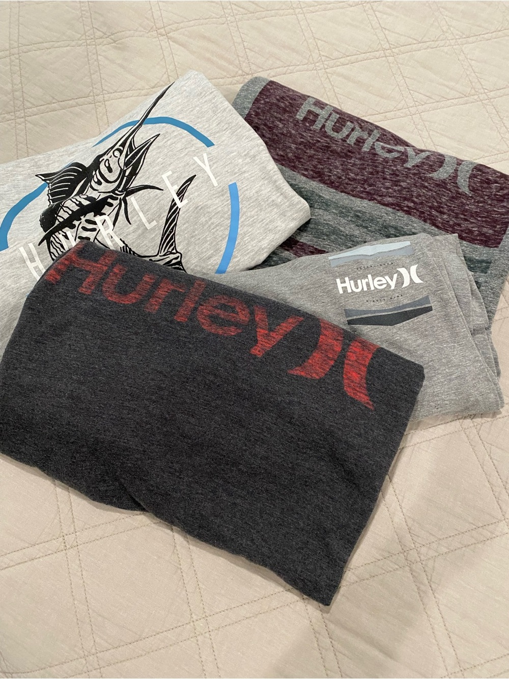 4 Men’s Hurley T-Shirt Lot - Gray, Charcoal, Maroon, Light Gray